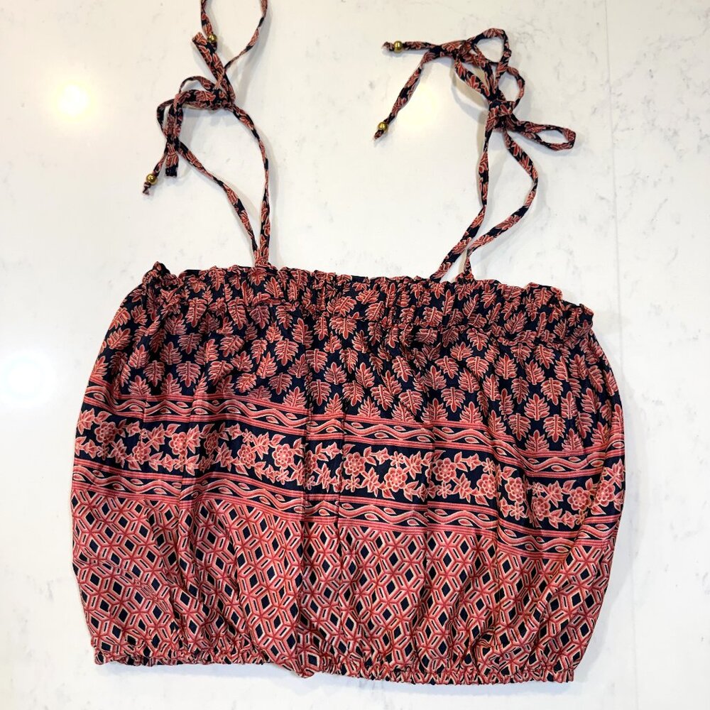 Elan Boho Tie Strap Crop Top M | Navy Coral Print Elastic Hem - Picture 7 of 8